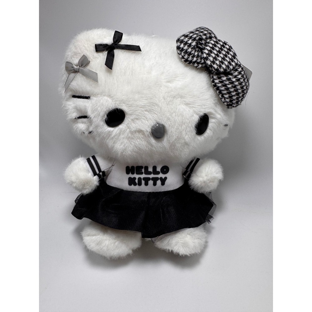 Sanrio Hello Kitty Goth Plush Toy Black White Houndstooth Bow Tutu Skirt NWOT